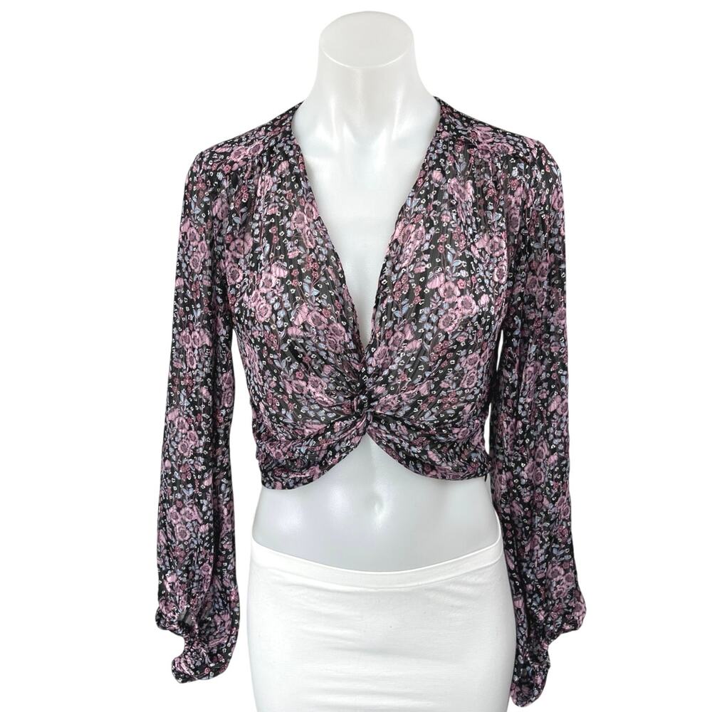 Zara Multicolor Floral Metallic V-neck Balloon Long Sleeve Crop Blouse Top Sz XS